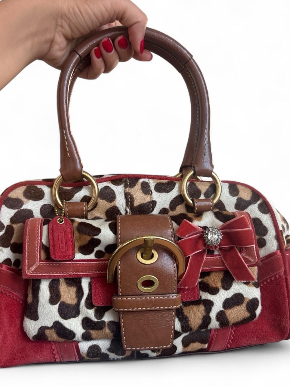 RARE Vintage Coach Soho Ocelot Leopard Haircalf Satchel Cherry Red Bow Bag 8A34